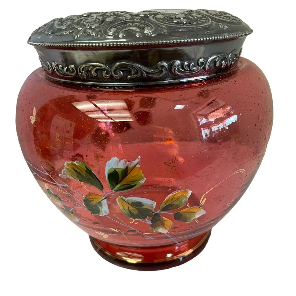 Antique Cranberry Glass Biscuit Jar Hand Painted Floral Victorian Silver Lid Red